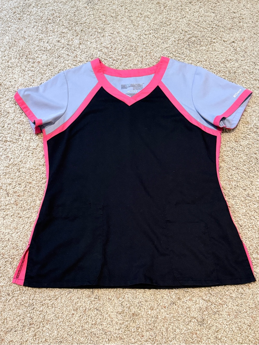 Grey's Anatomy Black V-Neck Scrub Top with Gray Sleeves and Pink Trim, Size M